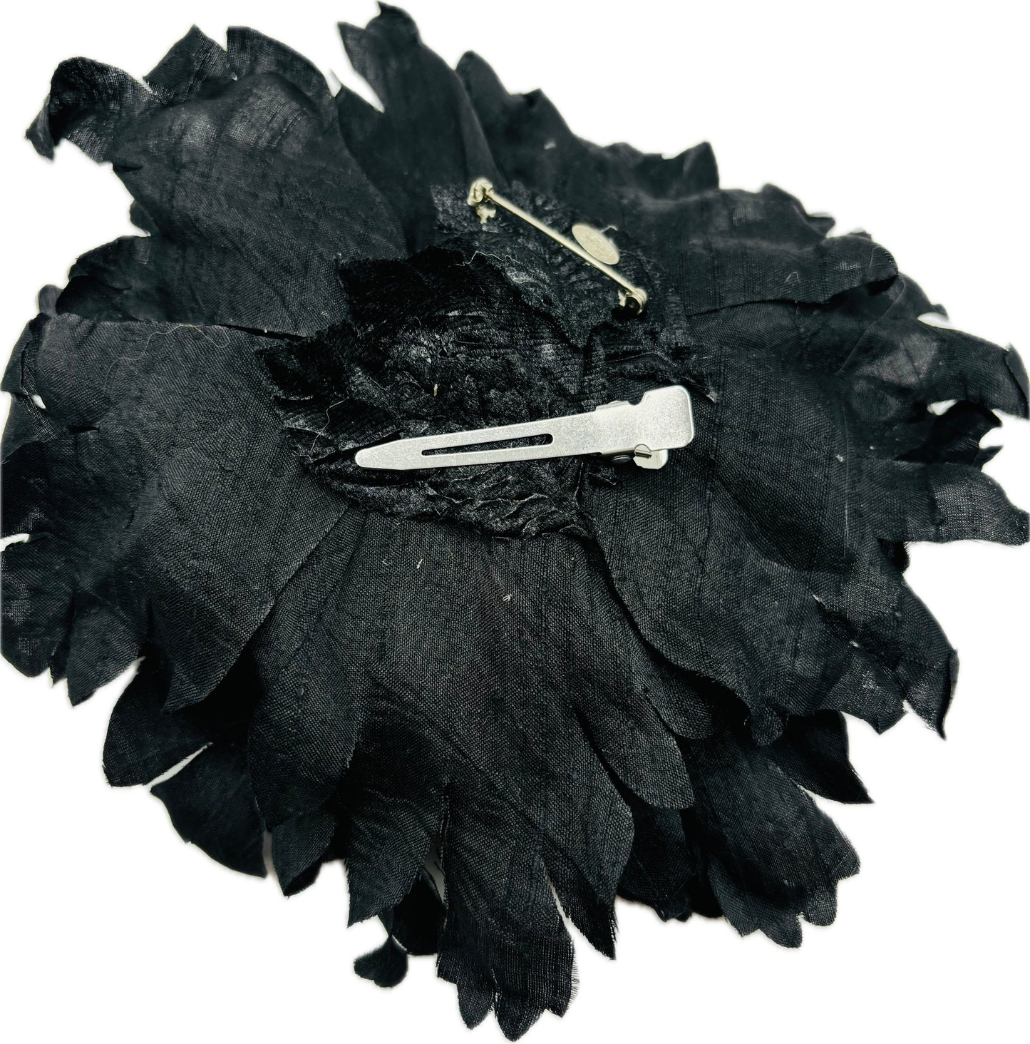 Karin’s Garden 8” Black Empress Flower Pin and Clip.  Silk Dupioni, made in the USA.  A special stunner statement accessory!