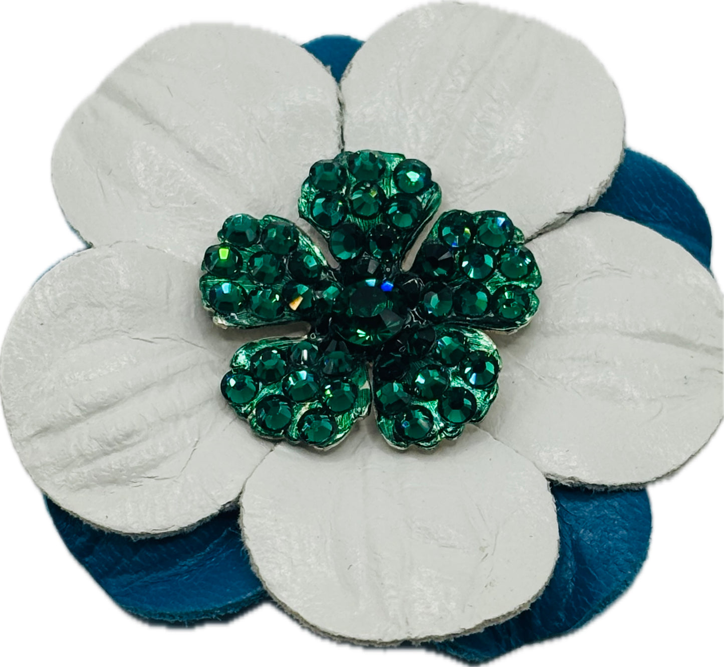 “Seahawks" 2.25 Petite Leather & Crystal Flower Pin & Clip. White with Green center. Made in Seattle, WA