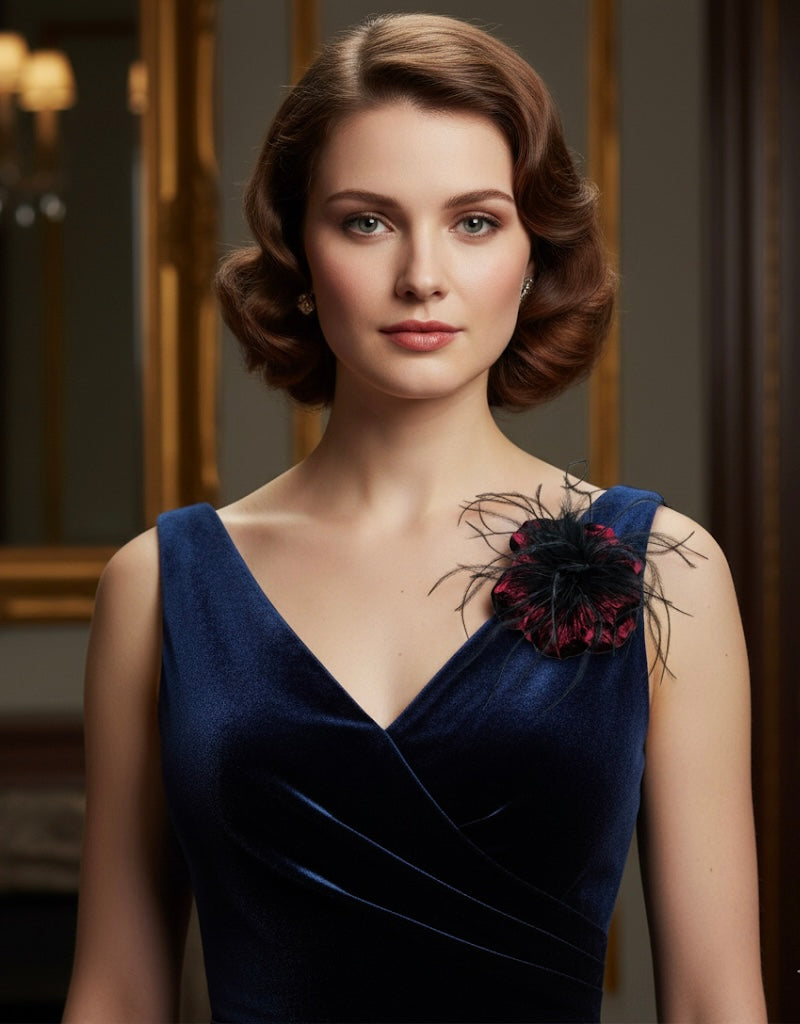 “Kitty" Red Velvet Ostrich Flower Pin and Clip. Clip into hair, onto purse, dress, hat, wrist and more. A versatile accessory.