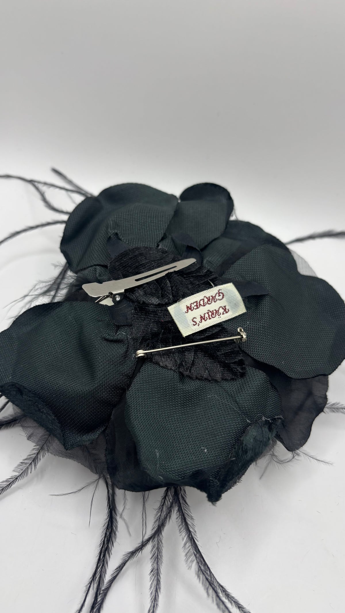 St John II - Black Silk Organza and Silk Velvet Rose Pin Clip with Ostrich.  Clip or Pin into your hair, wear on your lapel, dress, handbag, necklace or hat.