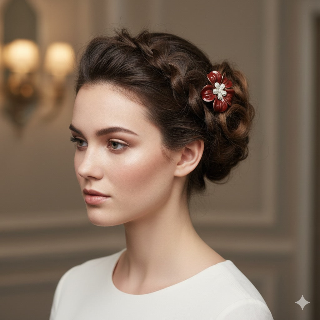 “Claudette” Red Patent Leather & Jeweled Flower Clip. 2.25" Clip into hair, onto lapel, necklace, purse, hat & more.  Made in the USA with Love.