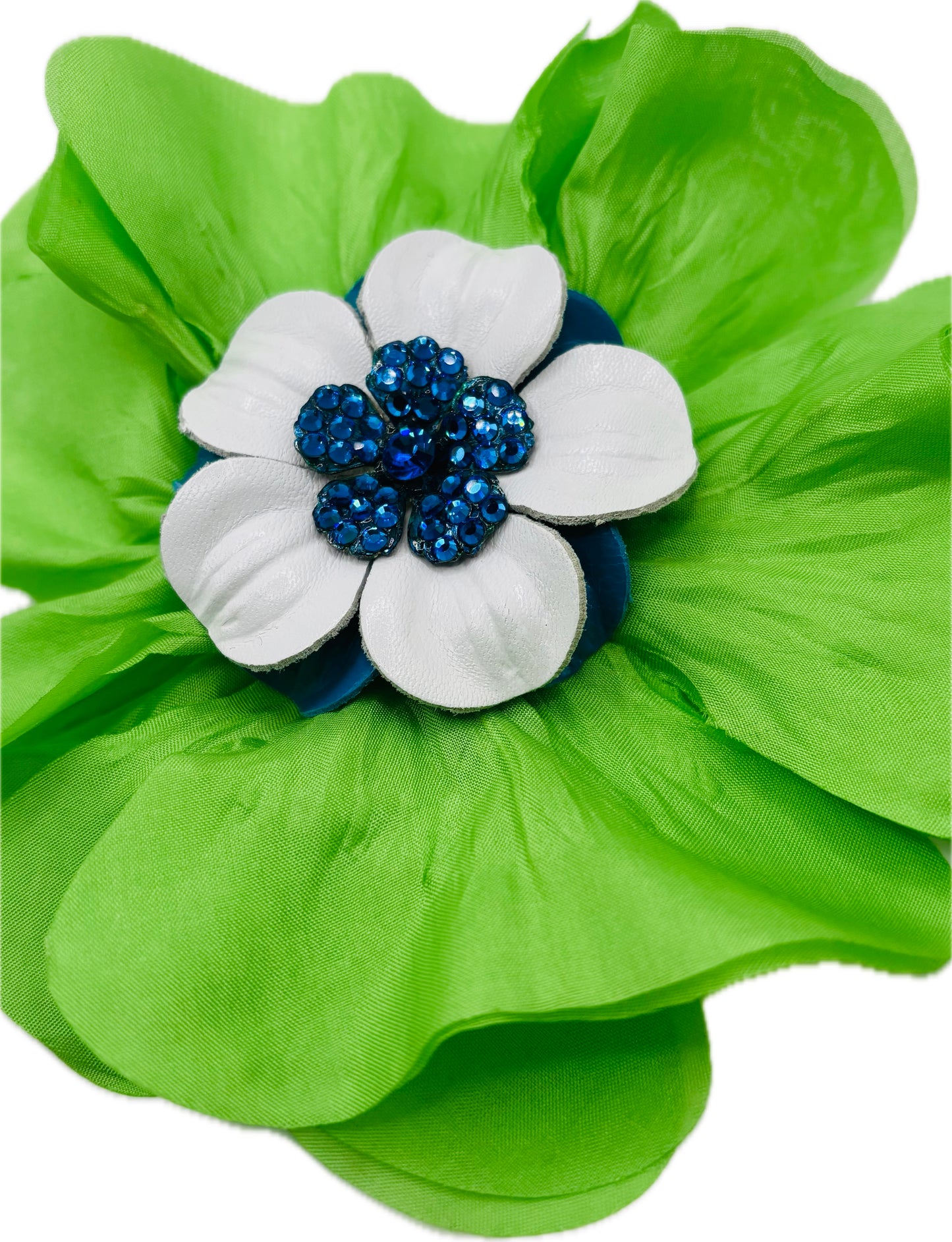 “Seahawks” Silk Poppy with Leather & Crystal Center.  Brooch & Clip.  Made in Seattle, WA.  Multi Use
