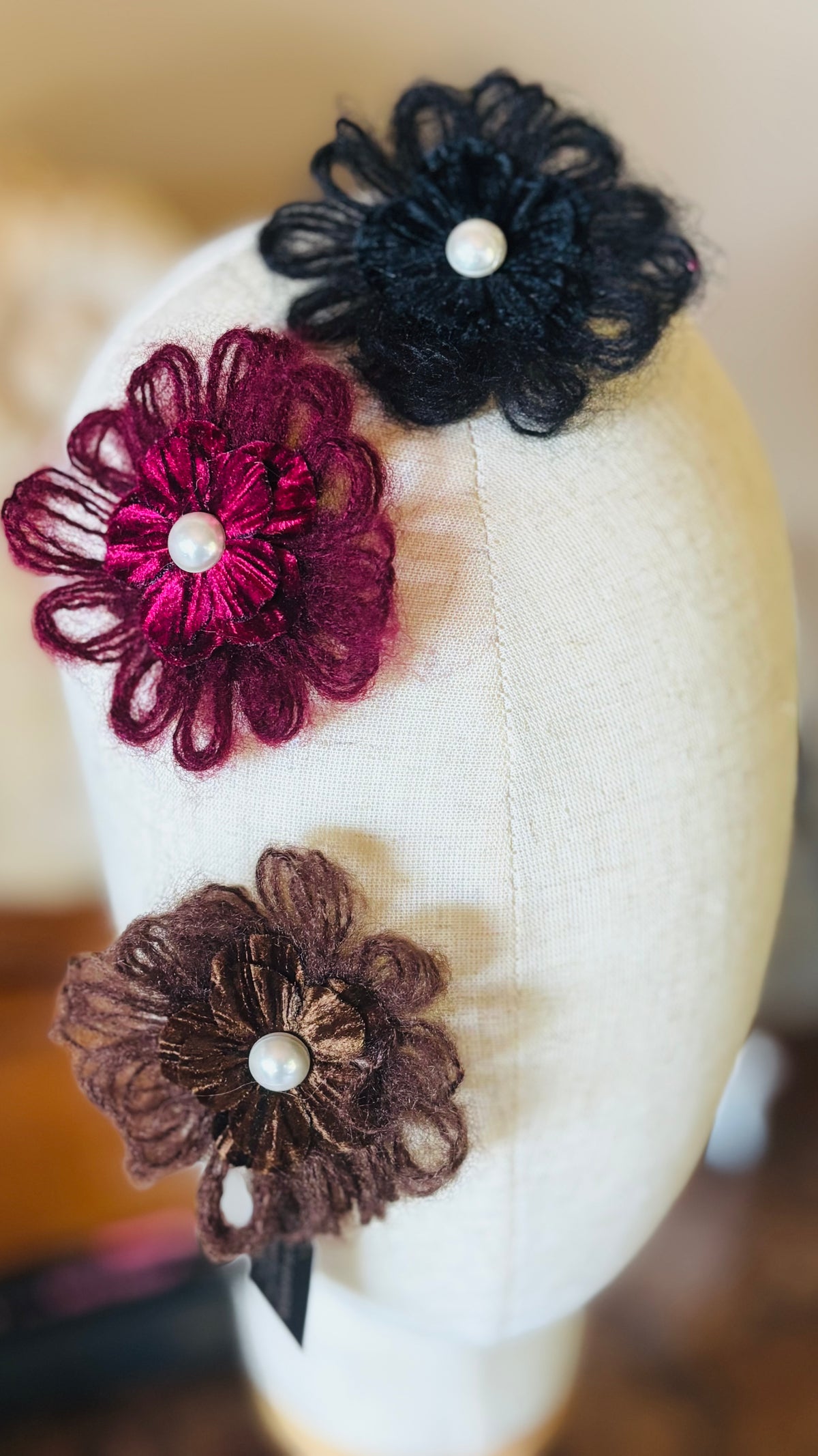 Mohair Velvet Pearl Brooch and Clip in Mocha.  Handmade in the USA