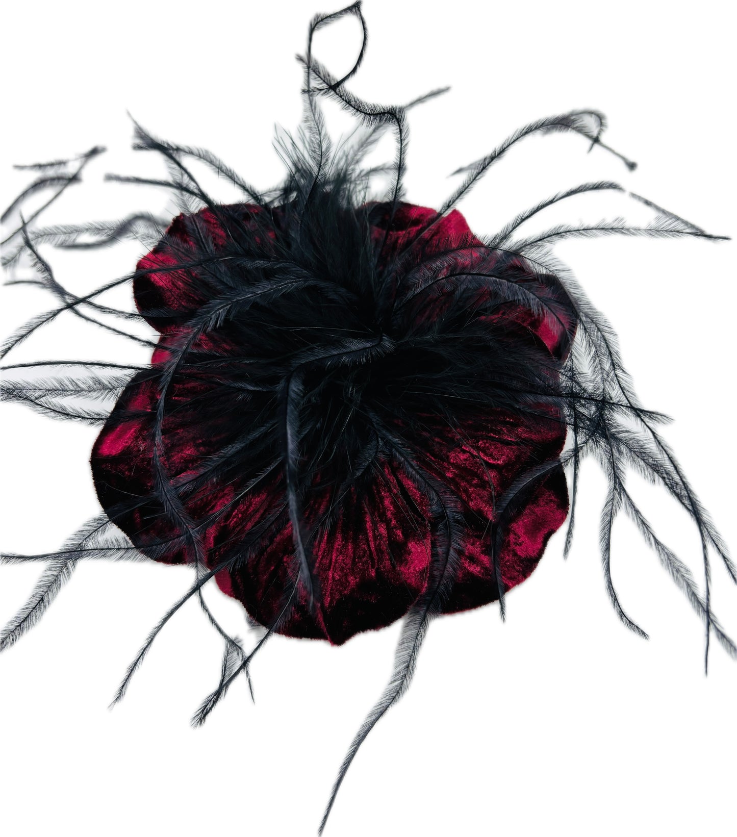 “Kitty" Burgundy Velvet Ostrich Flower Pin and Clip. Clip into hair, onto purse, dress, hat, wrist and more. A versatile accessory.