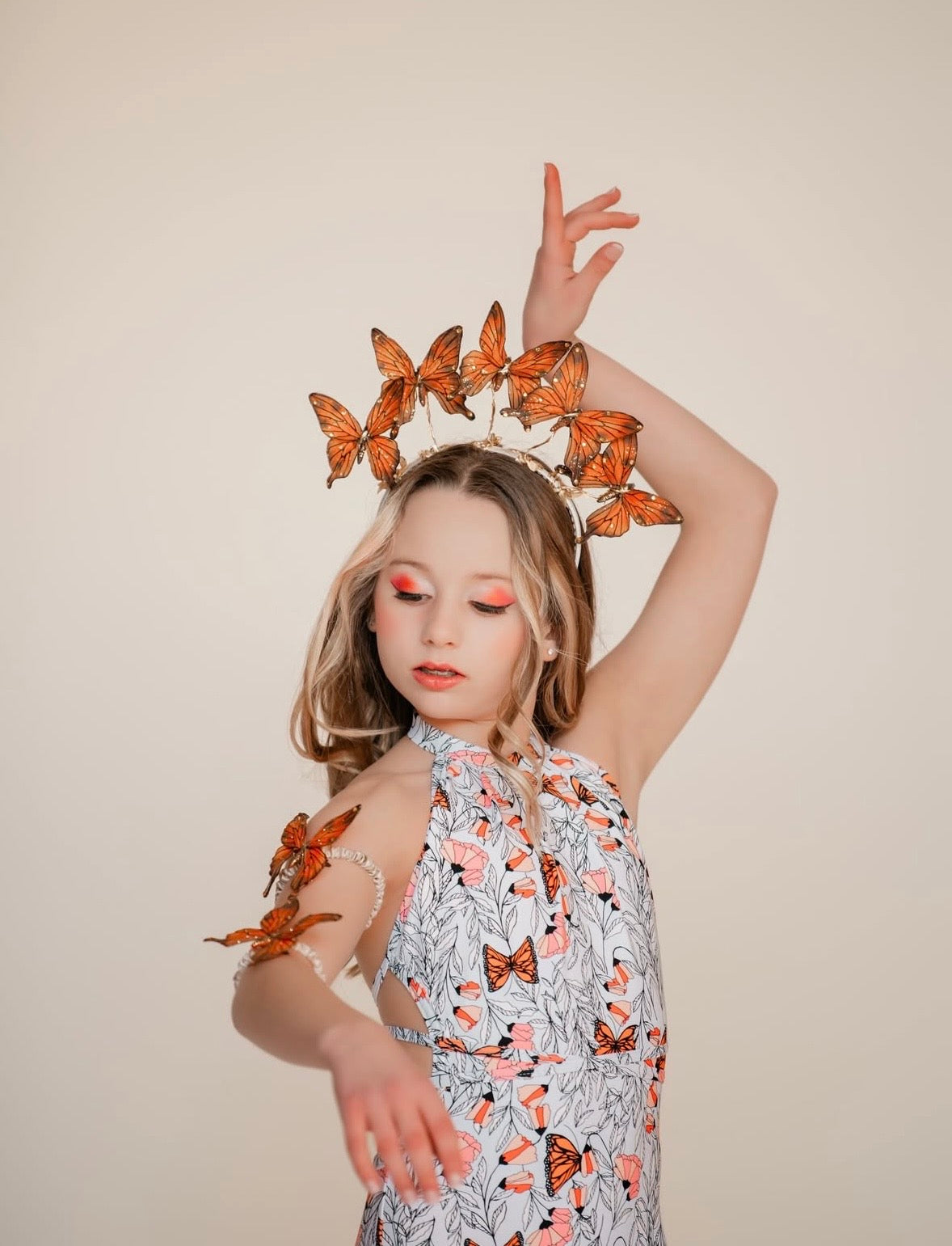 “Vanessa” Orange Butterflies Headband.  Comfort Fit Silk Headband, Bendable Butterflies.  Handmade in Bellevue, Washington. Clothing by detailsdancewear