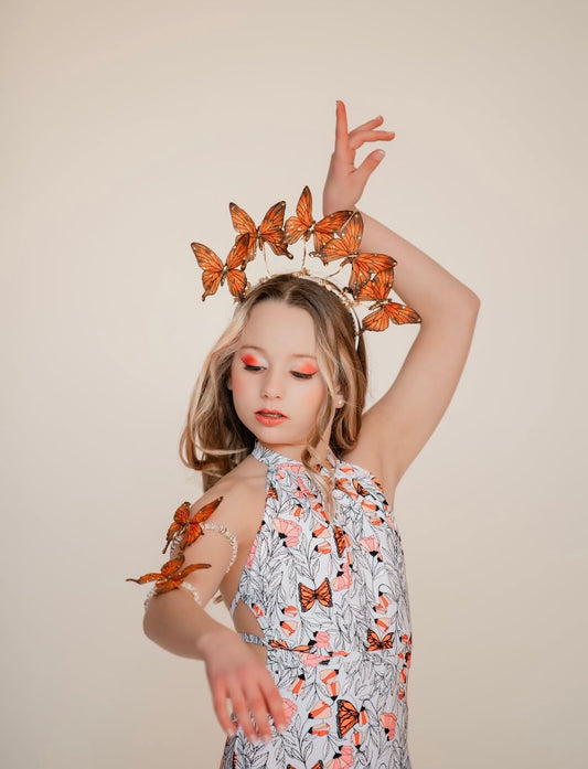 “Vanessa” Orange Butterflies Headband.  Comfort Fit Silk Headband, Bendable Butterflies.  Handmade in Bellevue, Washington. Clothing by detailsdancewear