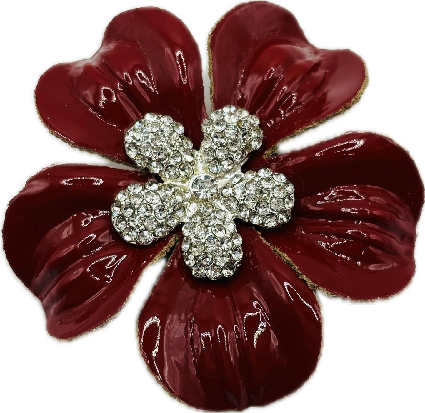 “Claudette” Red Patent Leather & Jeweled Flower Clip. 2.25" Clip into hair, onto lapel, necklace, purse, hat & more.  Made in the USA with Love.