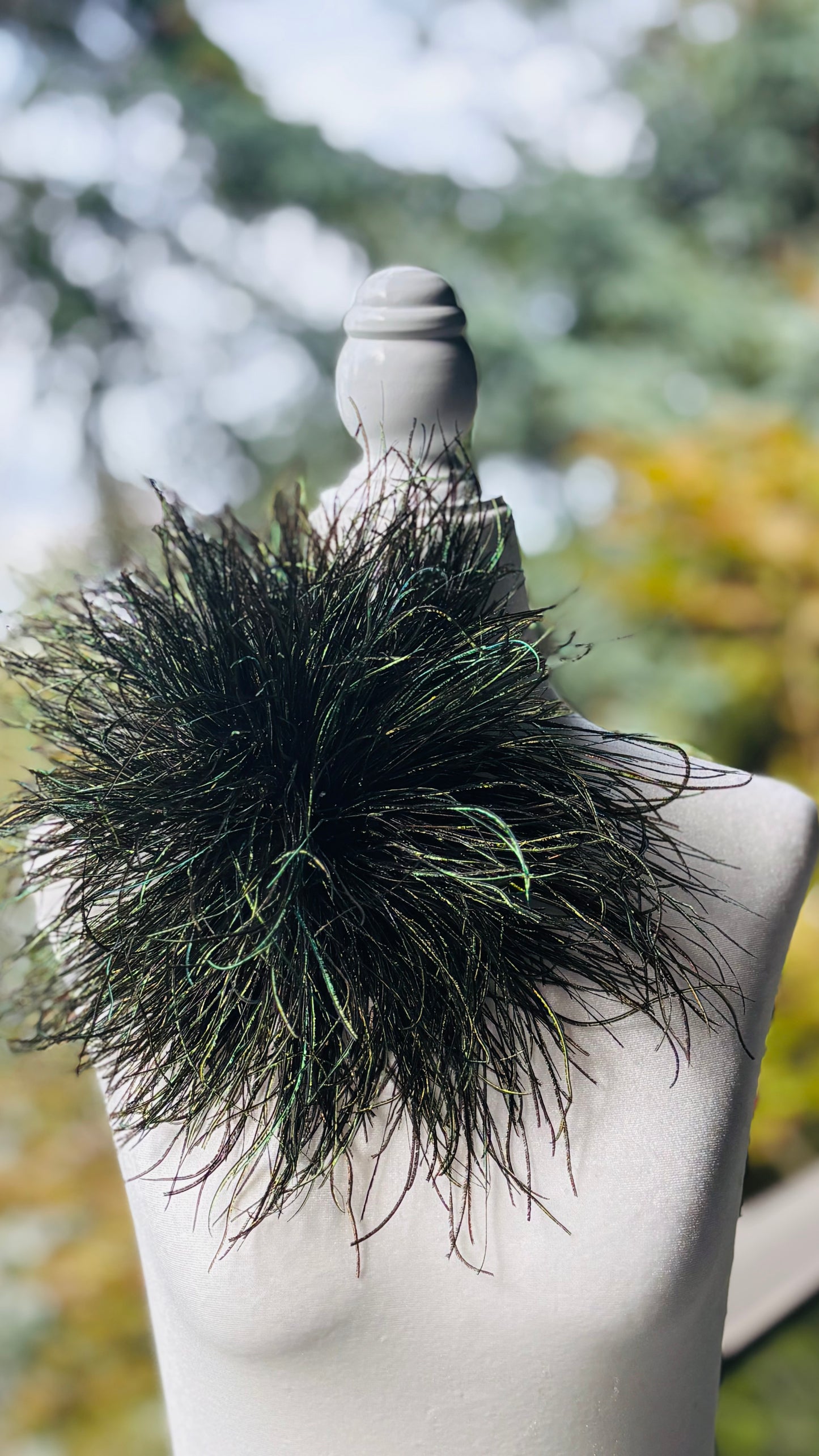 La Contessa Peacock Feather Fringe Brooch Clip.  Made in the USA.  A versatile statement Accessory