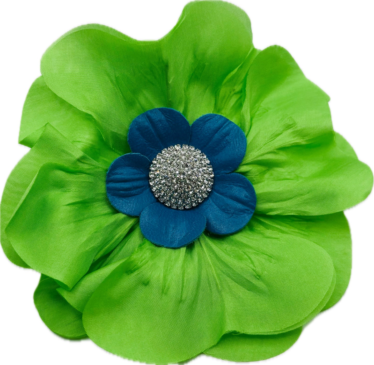 "Seattle SEAHAWKS" Lime and Blue Leather Silk Poppy Crystal Center Brooch and Clip: Bendable Petals.  Wear on jersey, in hair, on handbag and more