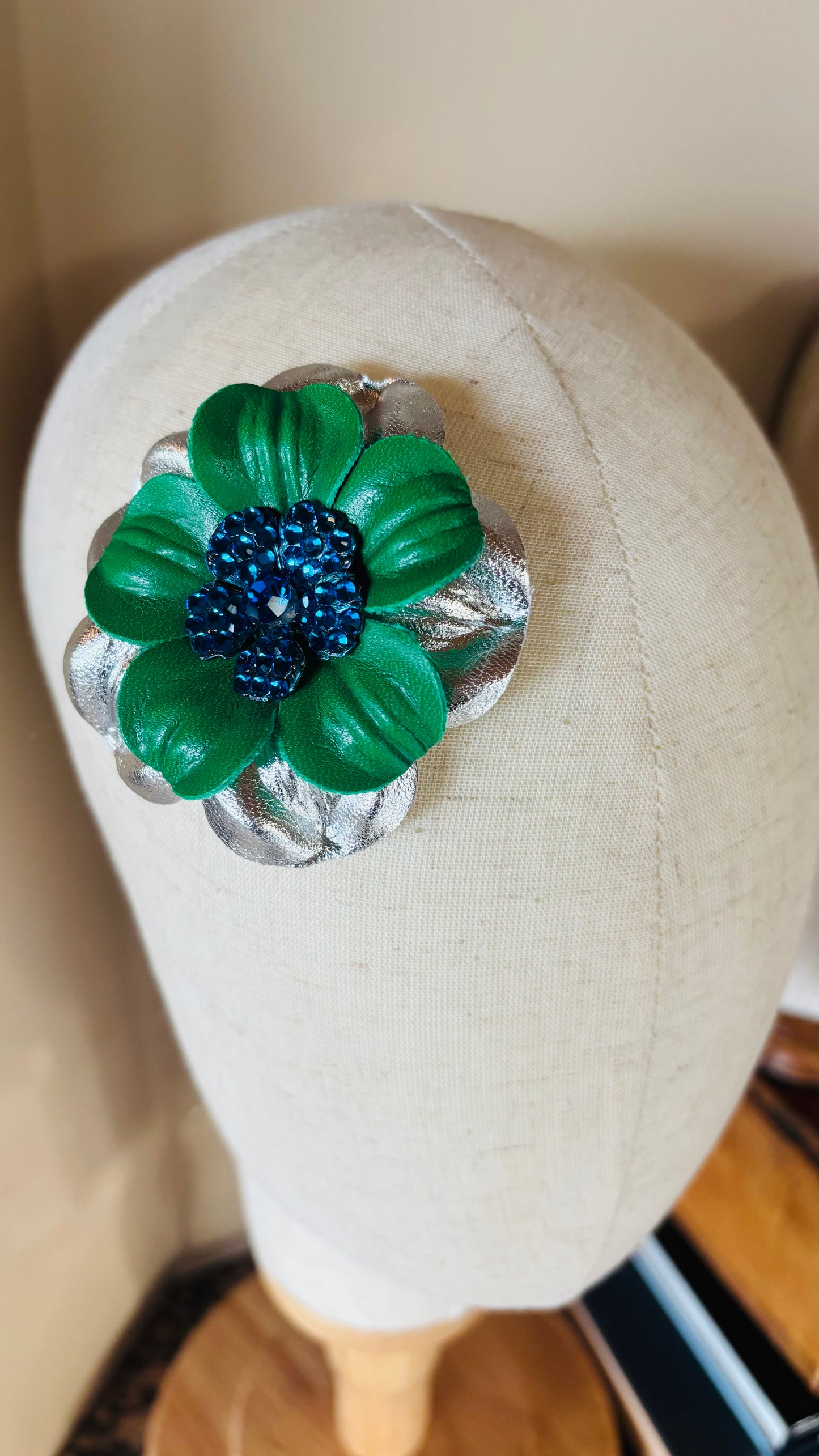 "Seahawks" Glam Leather Crystal Daisy Pin & Clip 2 1/2".  Crystal Center.  Green with Blue Center. Made in Seattle with Love