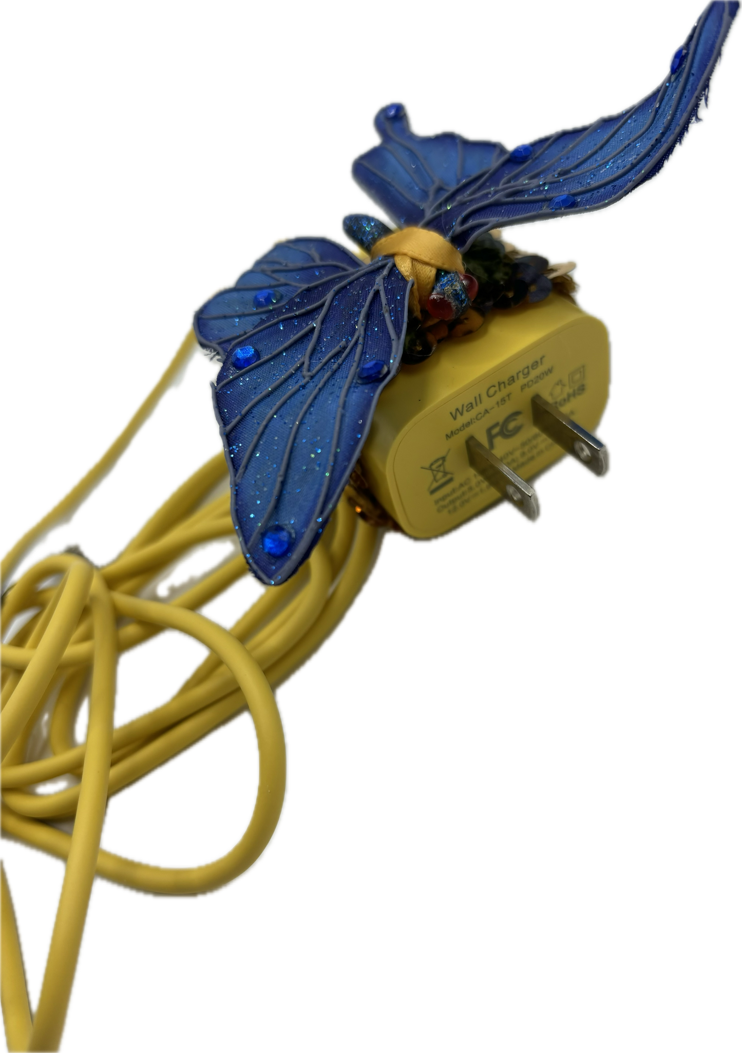 Karin's Garden Yellow Phone Charger Gold Sequin With Blue Butterfly