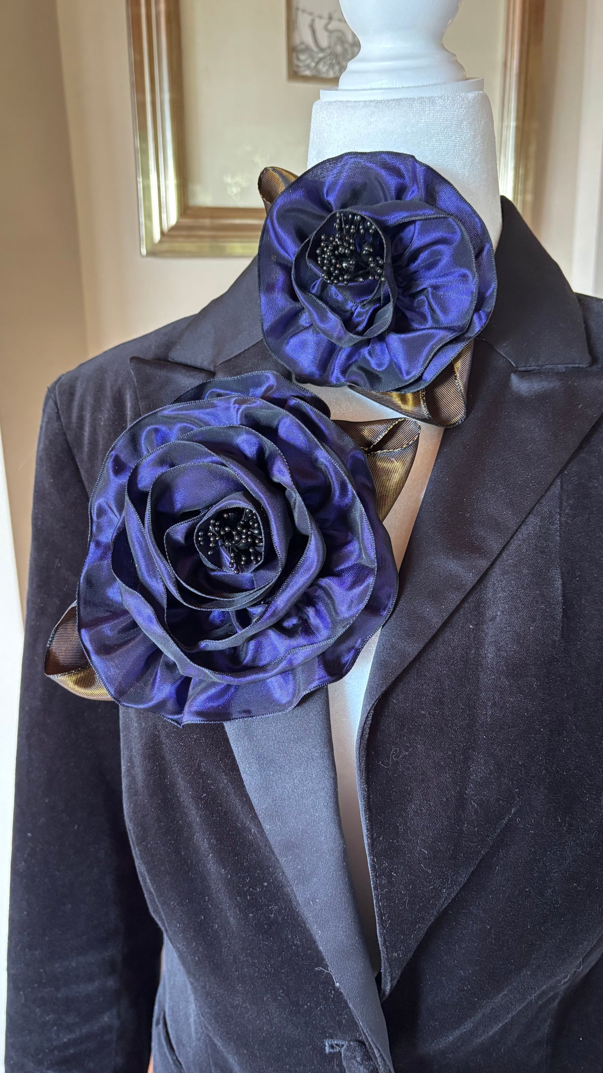 Francesca Petite Brooch & Clip in Plum.  Pin or Clip to dresses, lapels, handbag or hat.  Made in the USA.  You can reshape the flower and leaves.  Taffeta from France.