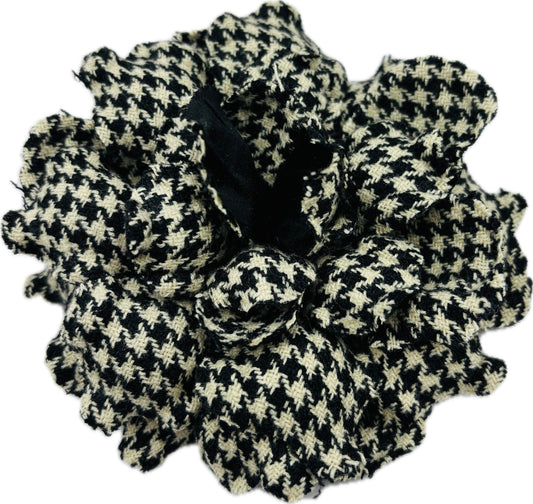 "Elspeth" Black & White 4" Wool Plaid Classic Gardenia Brooch & Clip Duo.  100% Wool.  Made with Love in the USA.