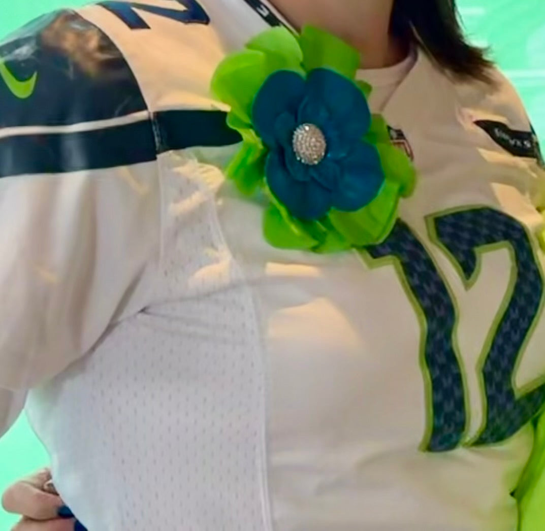 "Seattle SEAHAWKS" Lime Silk and Blue Leather Silk Poppy Crystal Brooch and Clip: Bendable Petals.  Wear on jersey, in hair, on handbag and more