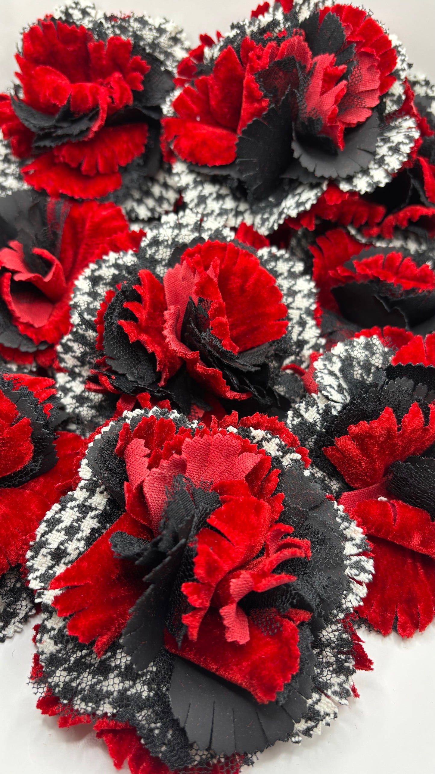 "Brooke" Red White & Black Wool Houndstooth Velvet & Lace Flower Brooch and Clip 3" Made in the USA with Love