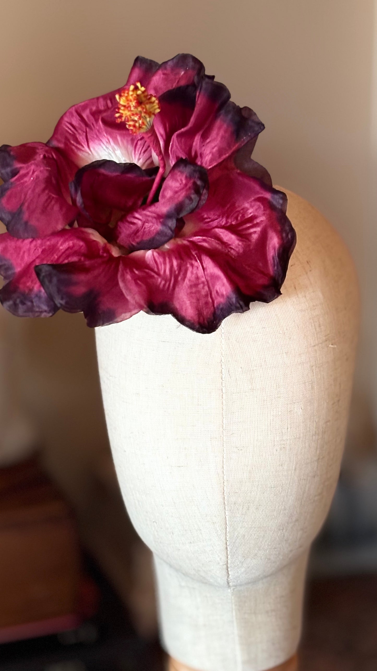 "Caterina" Vintage German Wine Silk GDR Hibiscus 6" Reimagined Mid-Century Brooch & Clip Duo.  For your sundress, handbag, hat & lapel.