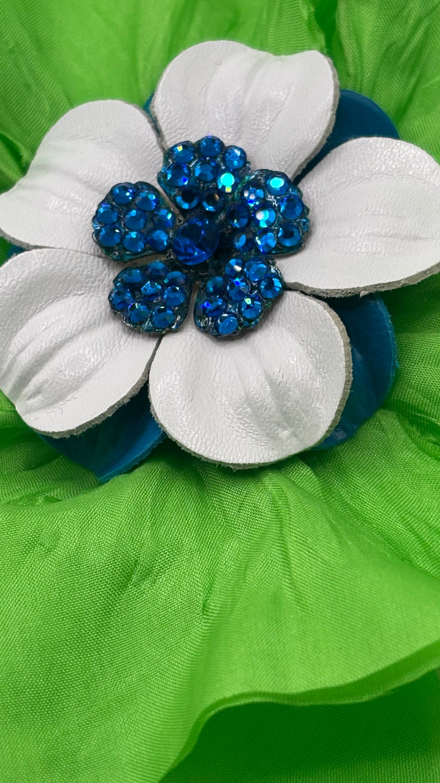 “Seahawks” Silk Poppy with Leather & Crystal Center.  Brooch & Clip.  Made in Seattle, WA.  Multi Use
