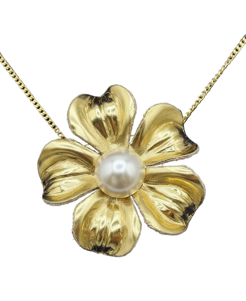 “Maisie" Gold Leather & Pearl Brooch & Clip. 2.25" Made in the USA with Love.