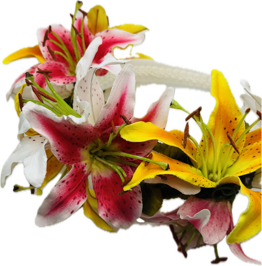 Martha Luxury Floral Crown Headband – Tiger Lily Silk Flowers | 1  inch Comfort Fit Headband.  Handmade in the USA.
