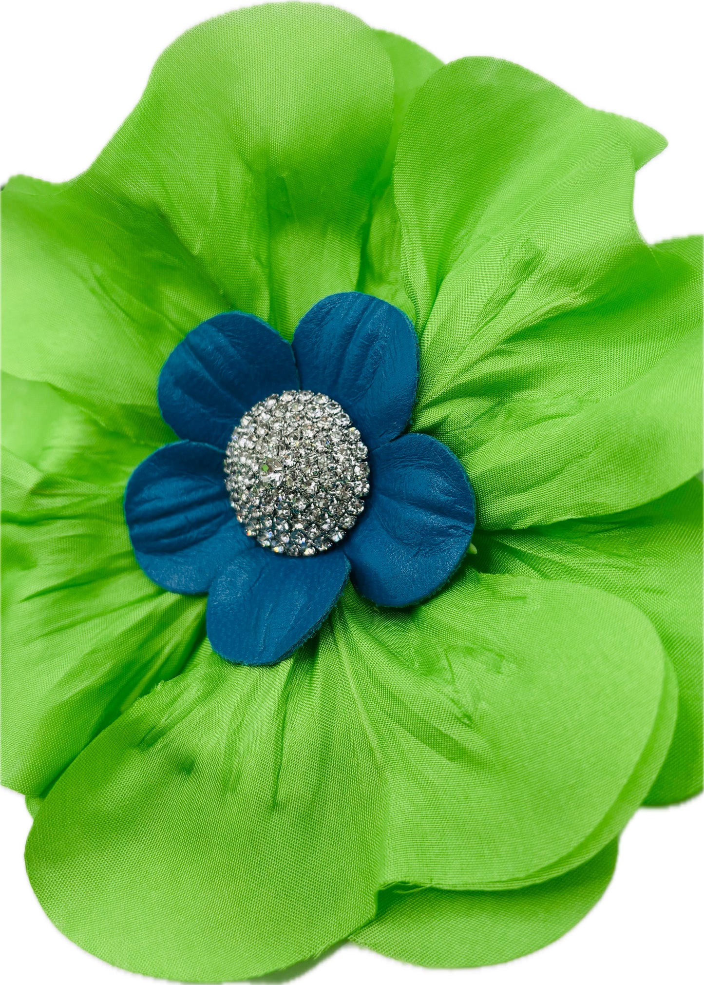 "Seattle SEAHAWKS" Lime and Blue Leather Silk Poppy Crystal Center Brooch and Clip: Bendable Petals.  Wear on jersey, in hair, on handbag and more