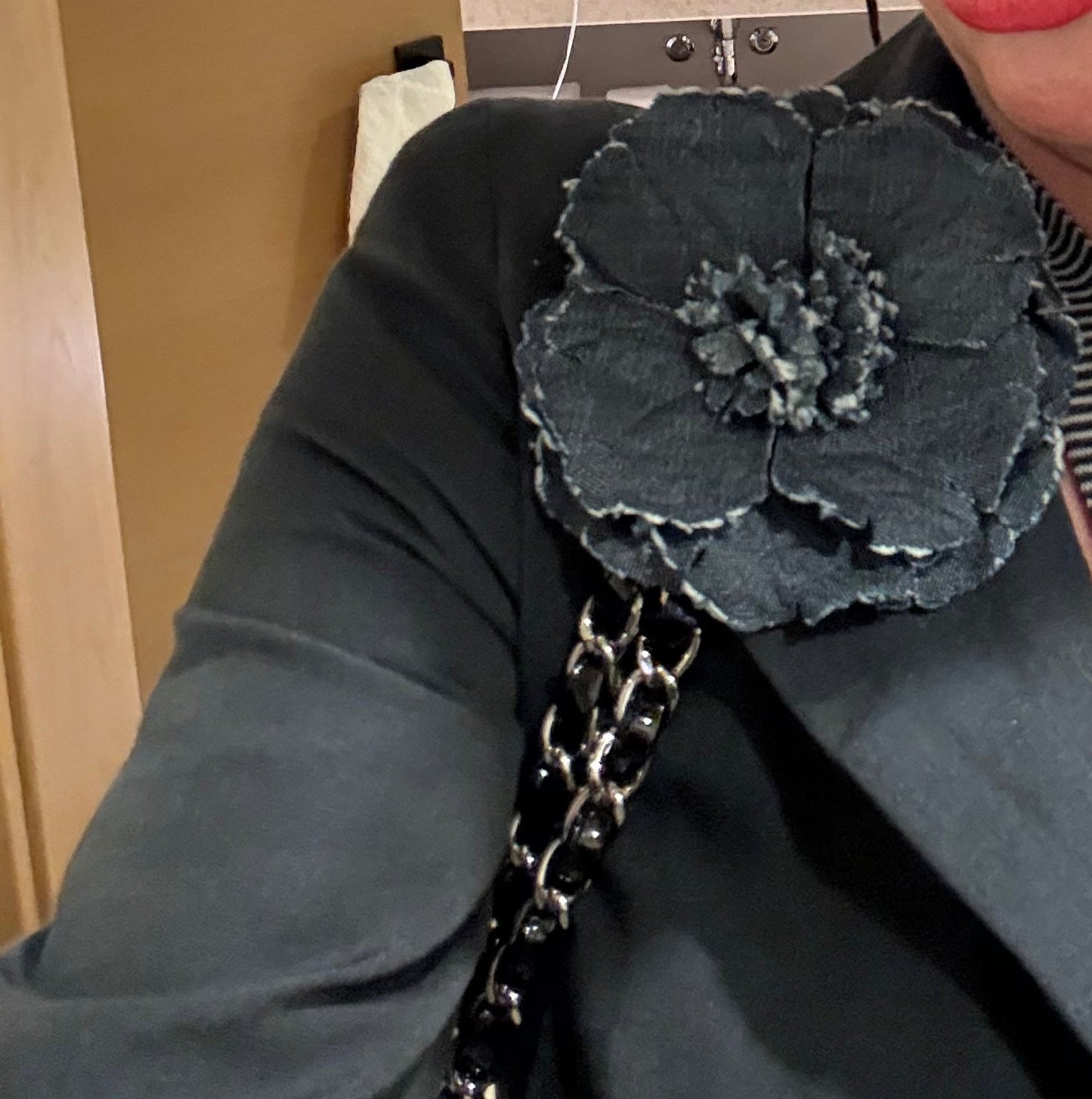 "Indigo" Denim Camellia Brooch & Clip.  Made in the USA.  Pin to your lapel, dress, scarf, hat and more.
