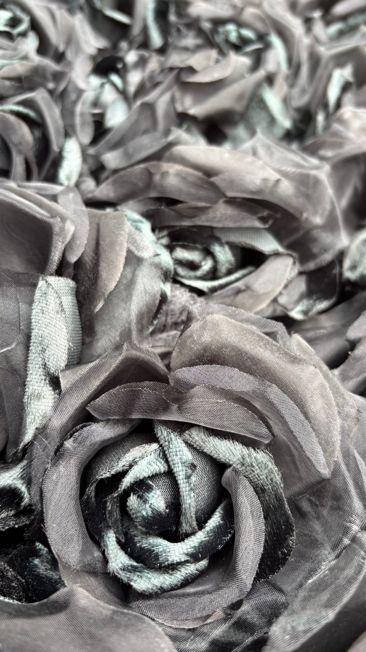 St John Black Silk Organza and Silk Velvet Rose Pin Clip. Wear in your hair, on your lapel, dress, on handbag, necklace or hat.