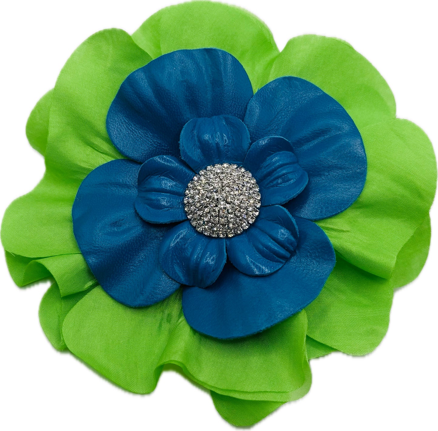 "Seattle SEAHAWKS" Lime Silk and Blue Leather Silk Poppy Crystal Brooch and Clip: Bendable Petals.  Wear on jersey, in hair, on handbag and more