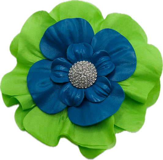 "Seattle SEAHAWKS" Lime Silk and Blue Leather Silk Poppy Crystal Brooch and Clip: Bendable Petals.  Wear on jersey, in hair, on handbag and more