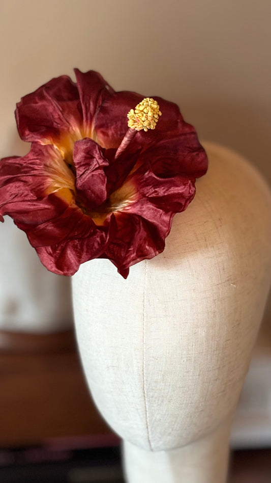 "Caterina" Vintage German Terra Cotta Silk GDR Hibiscus 6" Reimagined Mid-Century Brooch & Clip Duo.  For your sundress, handbag, hat & lapel.