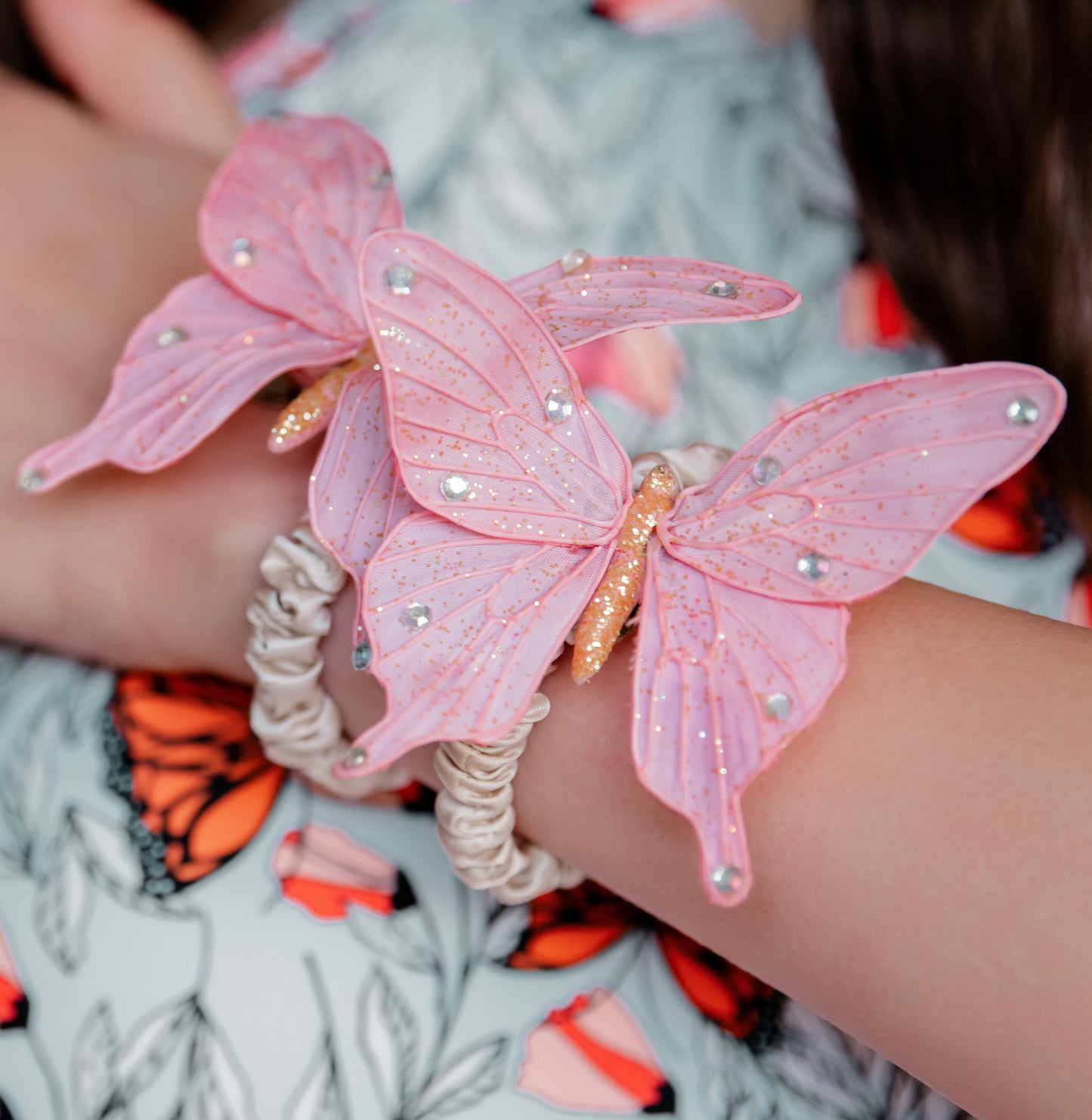 "Vanessa" Karin's Garden 3" Pink Butterfly clip. Bendable petals. Wear in your hair, clip to wristlet, clip on lapel, tank top or dress.  Clothing by detailsdancewear