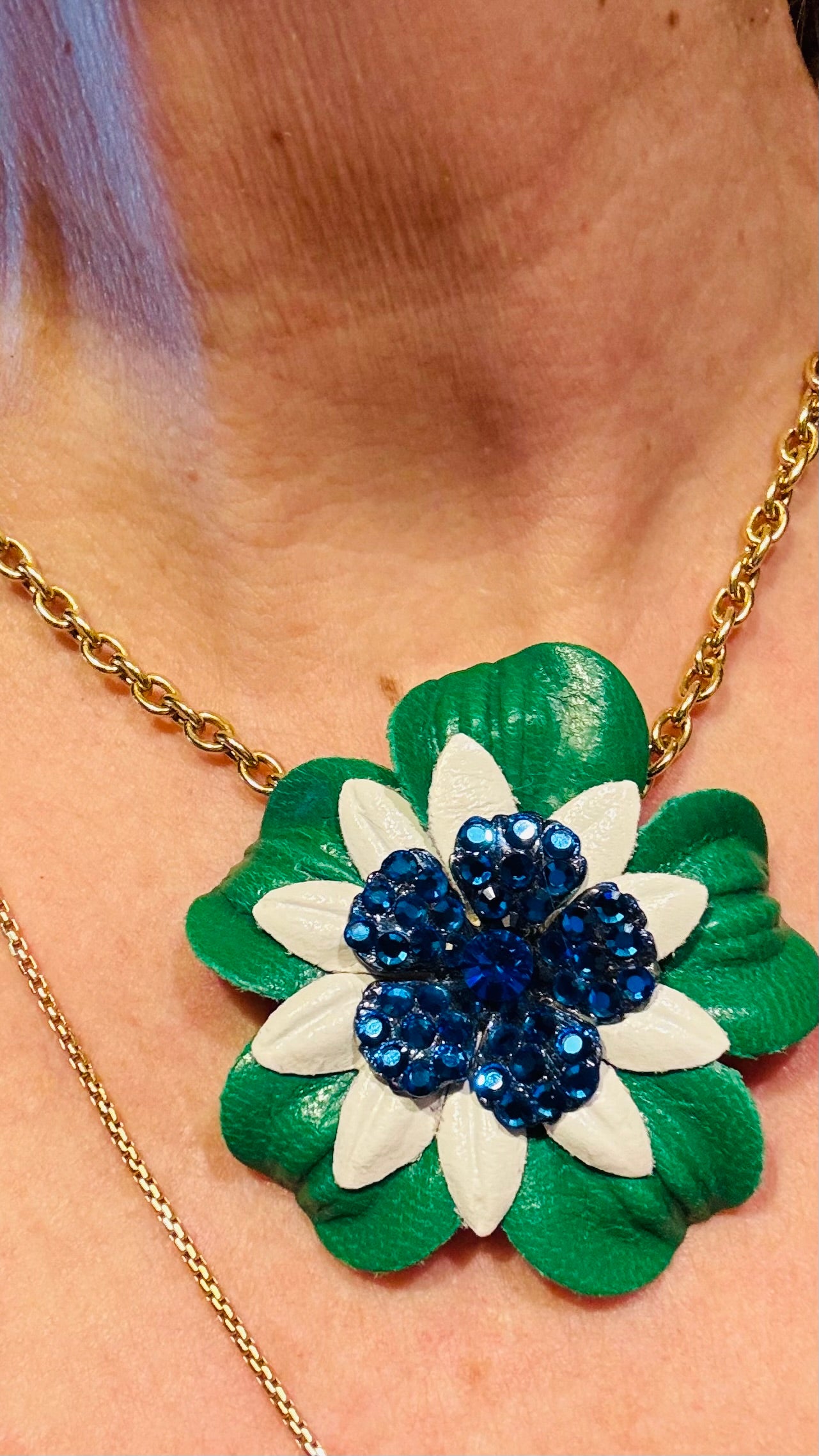 “Seahawks" 2.25 Petite Leather & Crystal Flower Pin & Clip. White with Blue Center. Made in Seattle, WA