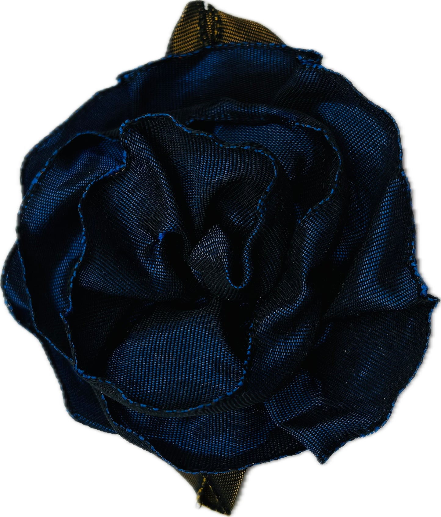 “Rosette” Navy Brooch & Clip.  Pin or Clip to dresses, lapels, purse, hat or wear as a boutonniere. Made in the USA.  You can reshape the flower and leaves to make it larger or smaller.