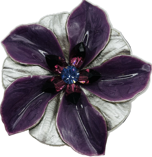 "Leigh" Enamel with Leather and Crystals Brooch Clip 2.5" Purple and Silver