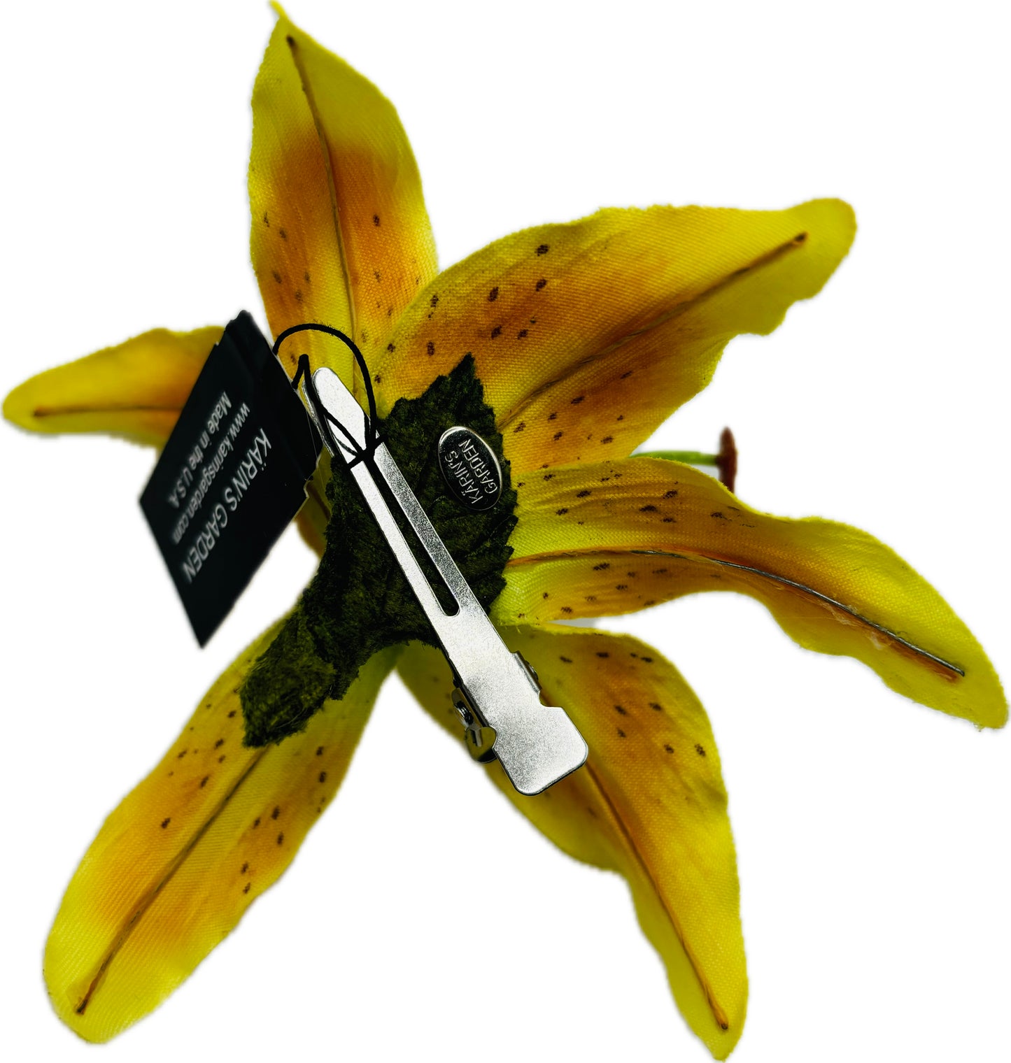 Karin’s Garden Ophelia Yellow 3” Tiger Lily Pinch Clip with Crystals.  Life Like Lilies