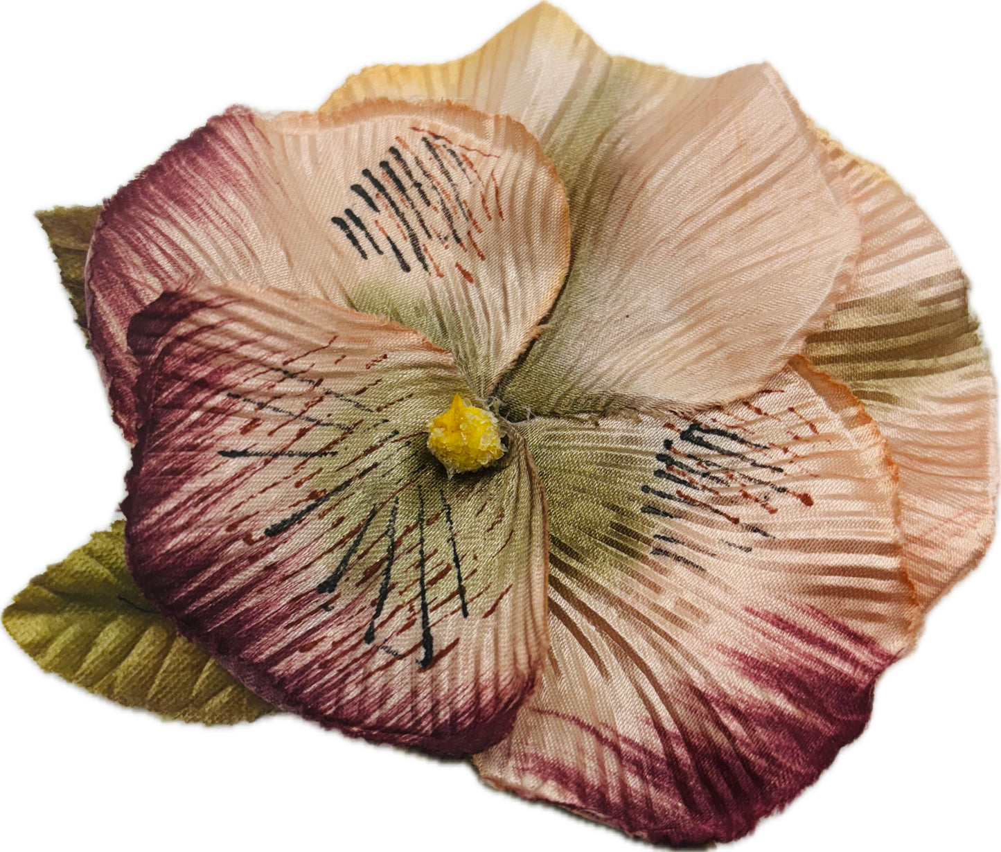 Karin's Garden “Dakota”3 1/2" Burgundy Pansy Flower Pin & Clip.  Vintage Life like Pansy Pin.  Burgundy Pink. Made in the USA