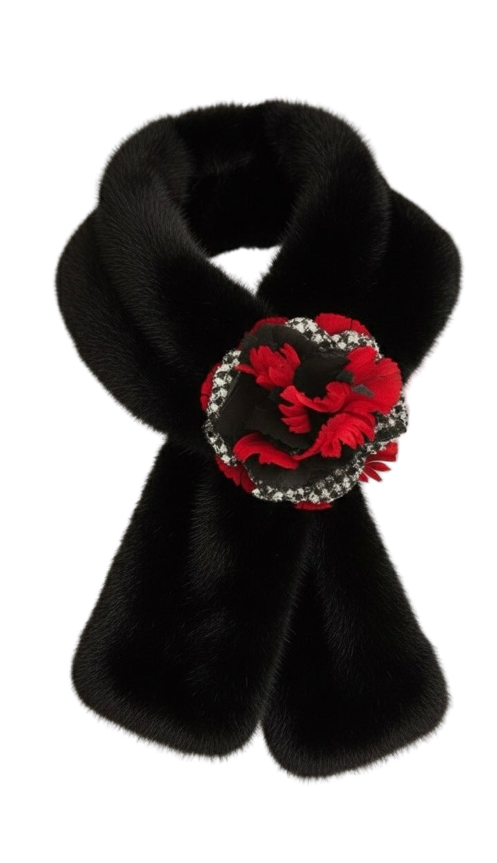 "Brooke" Red White & Black Wool Houndstooth Velvet & Lace Flower Brooch and Clip 3" Made in the USA with Love