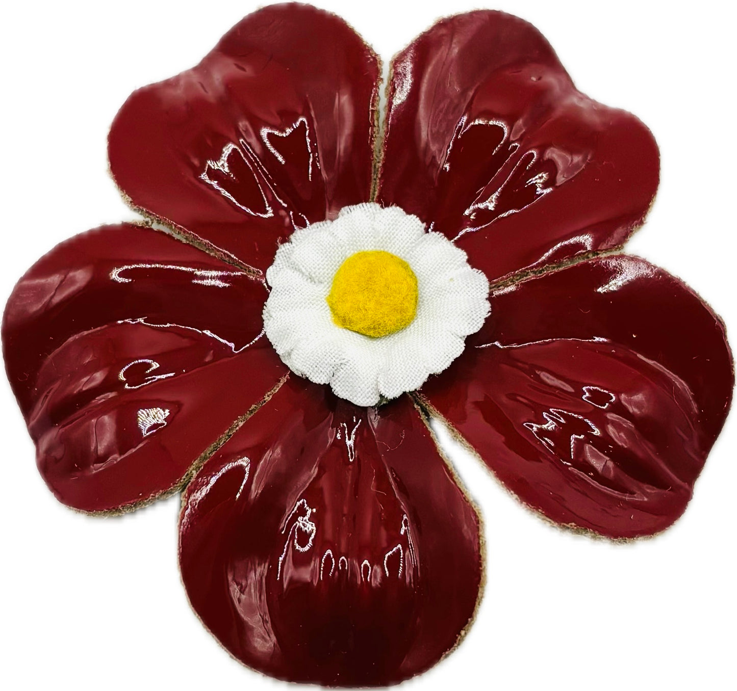 “Marguerite” Red Patent Leather Daisy Flower Brooch & Clip. 2.25" Wear in your hair, on a necklace, dress and more. Made in the USA