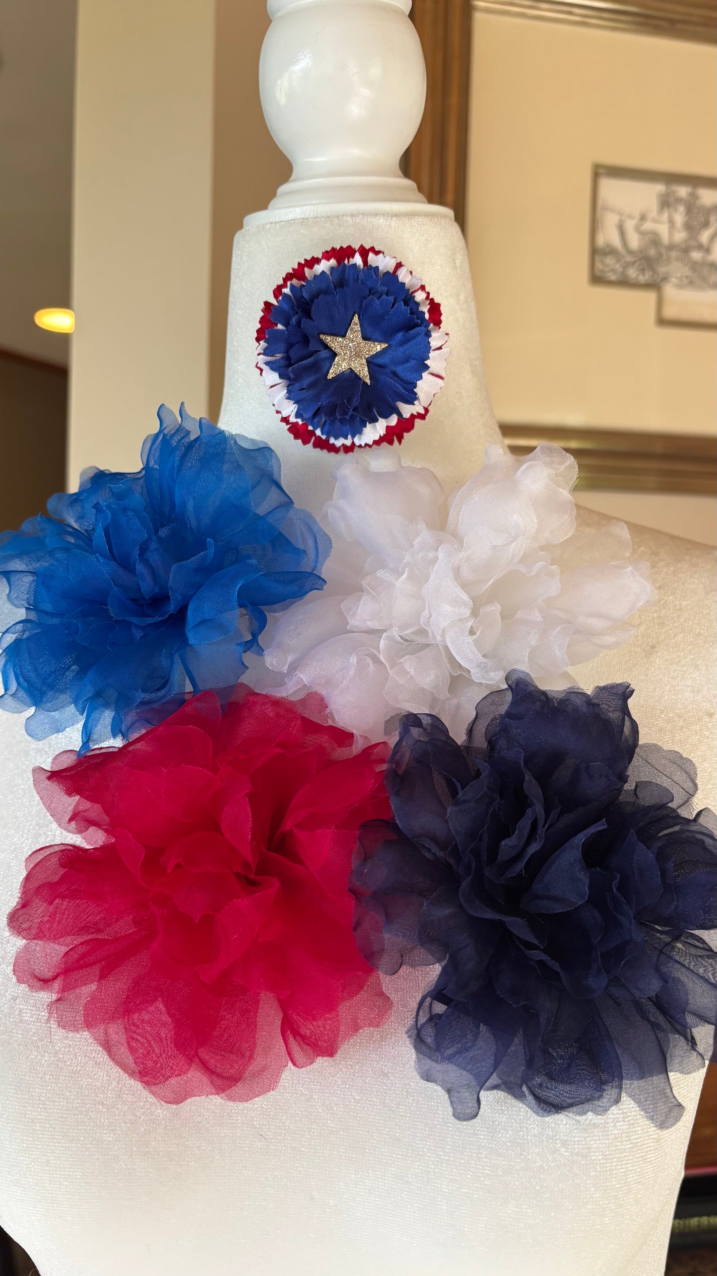 USA Classic Silk Carnation with Star Crystal Center.  Both a  Brooch & Clip. Size 3” Made in the USA.  Clip into hair, onto necklace, dress, lapel, handbag & more.