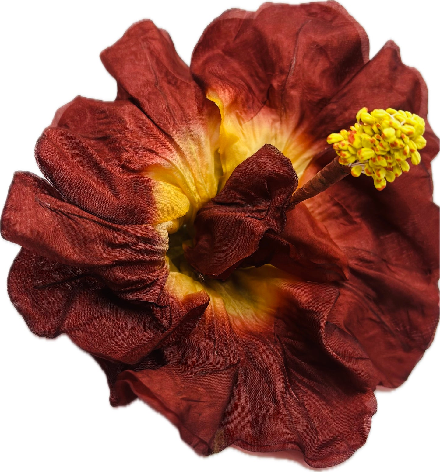 "Caterina" Vintage German Terra Cotta Silk GDR Hibiscus 6" Reimagined Mid-Century Brooch & Clip Duo.  For your sundress, handbag, hat & lapel.