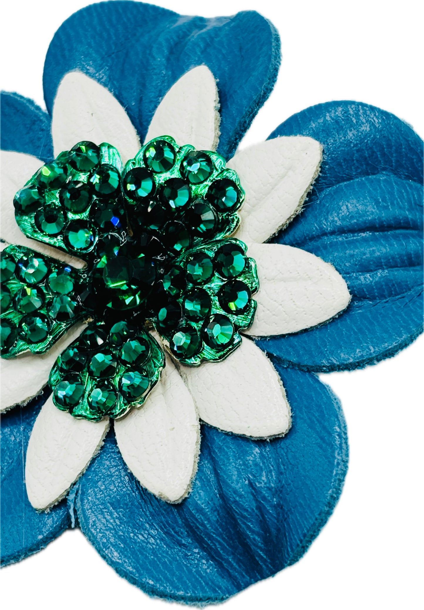 "Seahawks" Petite Leather & Green Crystal Flower Pin & Clip. Made in Seattle, WA