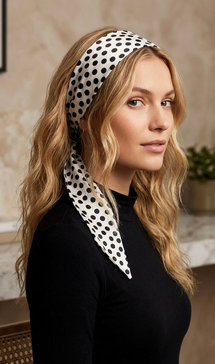 Karin’s Garden “Jackie O” Polka Dot Silk Charmeuse Headband Wrap.  Made in the USA with Love