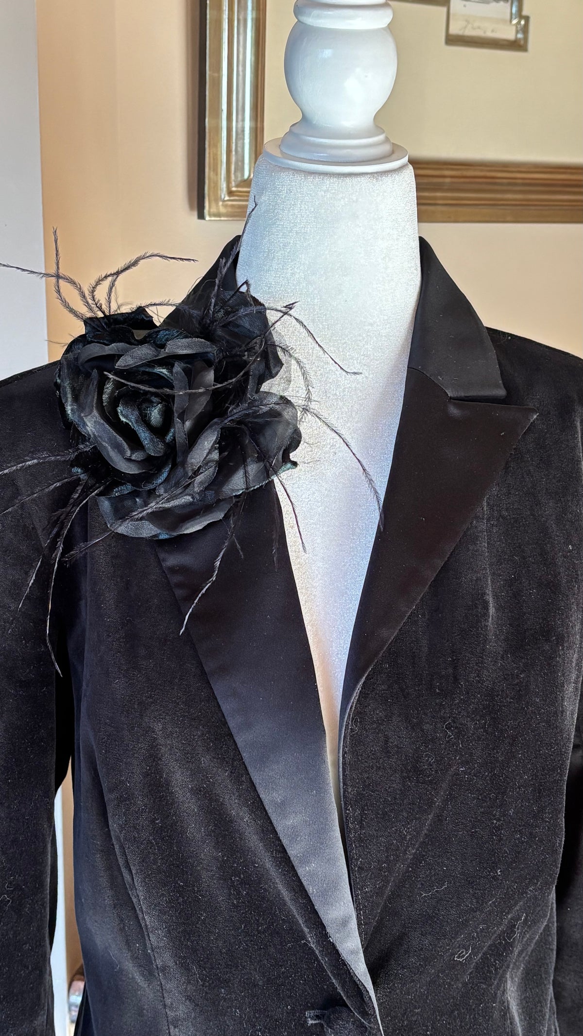 St John II - Black Silk Organza and Silk Velvet Rose Pin Clip with Ostrich.  Clip or Pin into your hair, wear on your lapel, dress, handbag, necklace or hat.