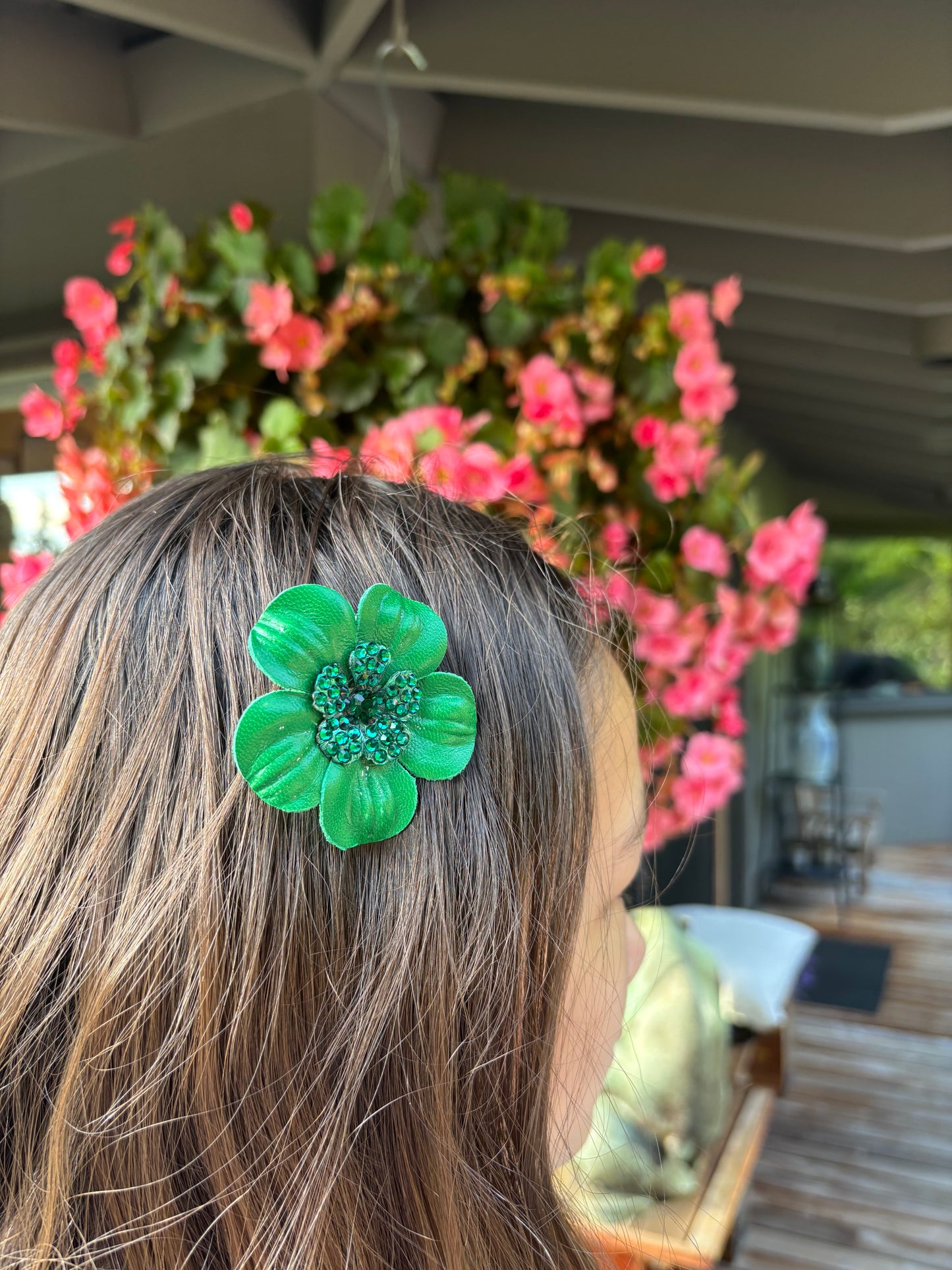 Karin's Garden 2.25" "Coco" Petite Turquoise Leather & Crystal Flower Pin & Clip. Made in the USA