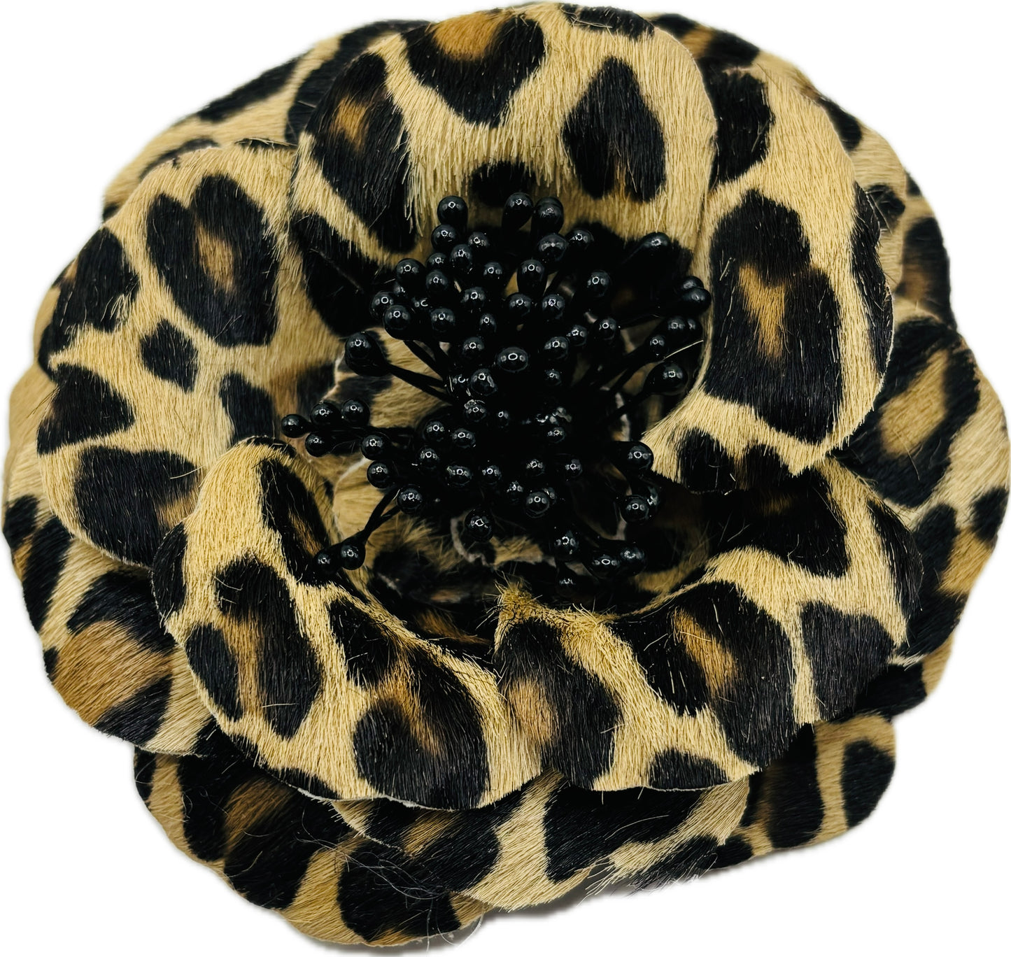 “Samantha” Real Leather Faux Leopard Print Rose Brooch & Clip.  Made in the USA with Love