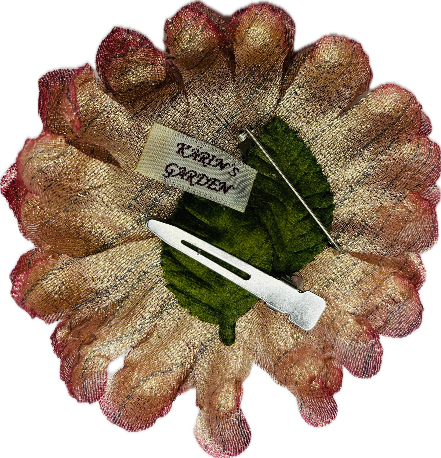 "Astrid" Silk Mum Flower Pink Gold Brooch and Clip Made in the USA.  Wear in your hair, clip or pin onto lapel.
