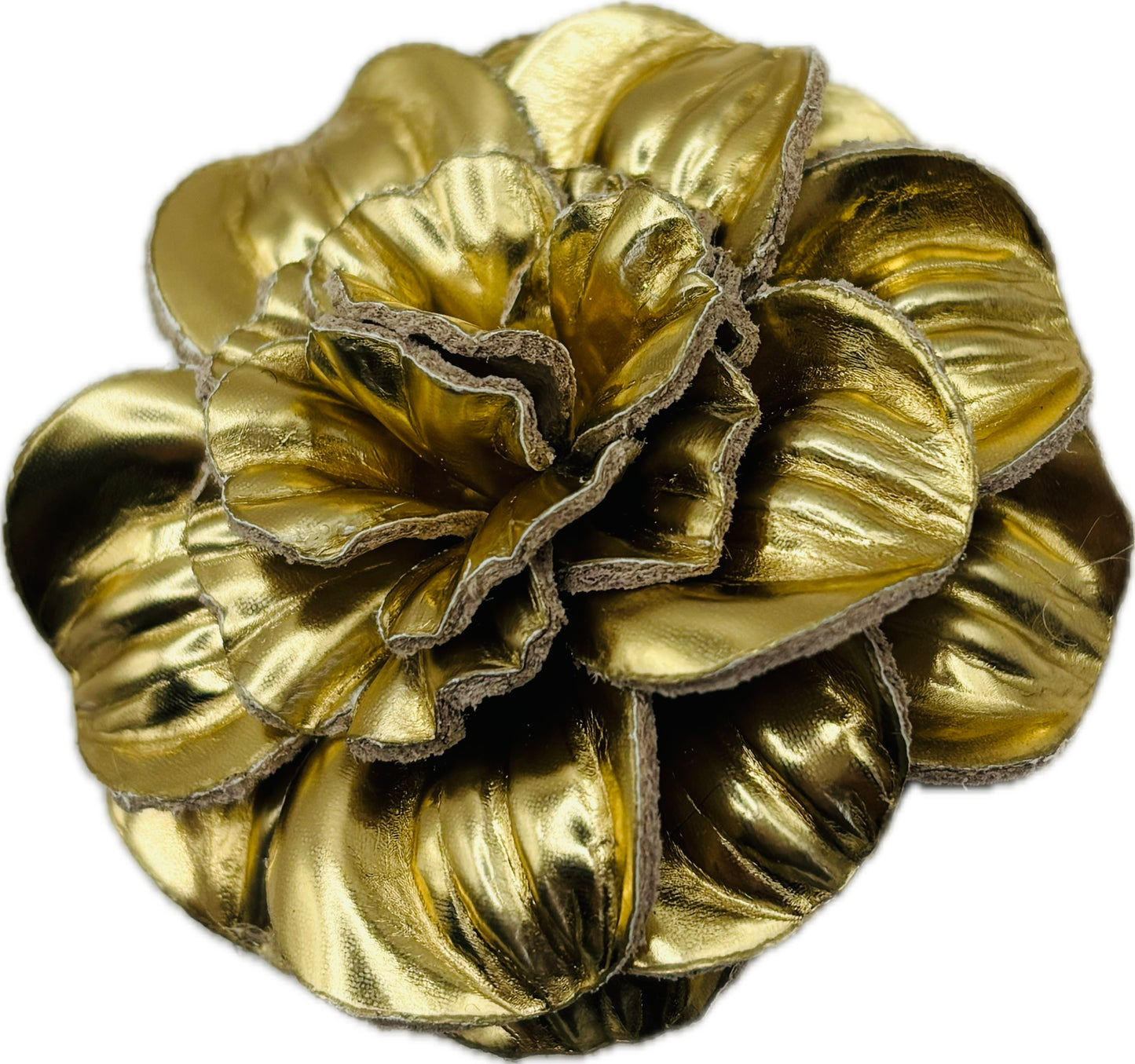 "Roxi" Patent Leather Gold Flower Brooch & Clip. 2.25" Clip into hair, onto lapel, necklace, purse, hat & more.  Made in the USA with Love.