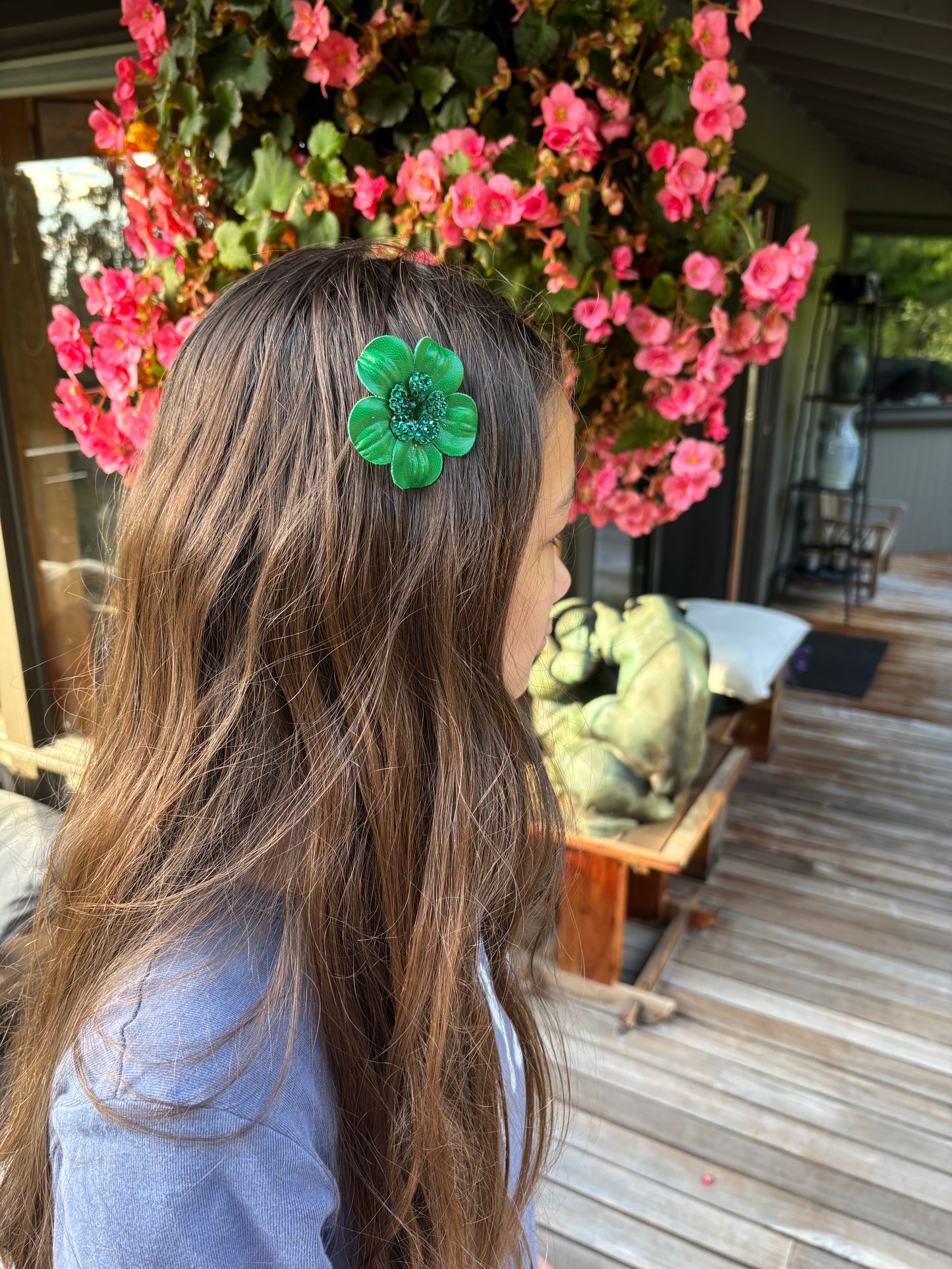 Karin's Garden 2.25" "Coco" Petite Turquoise Leather & Crystal Flower Pin & Clip. Made in the USA