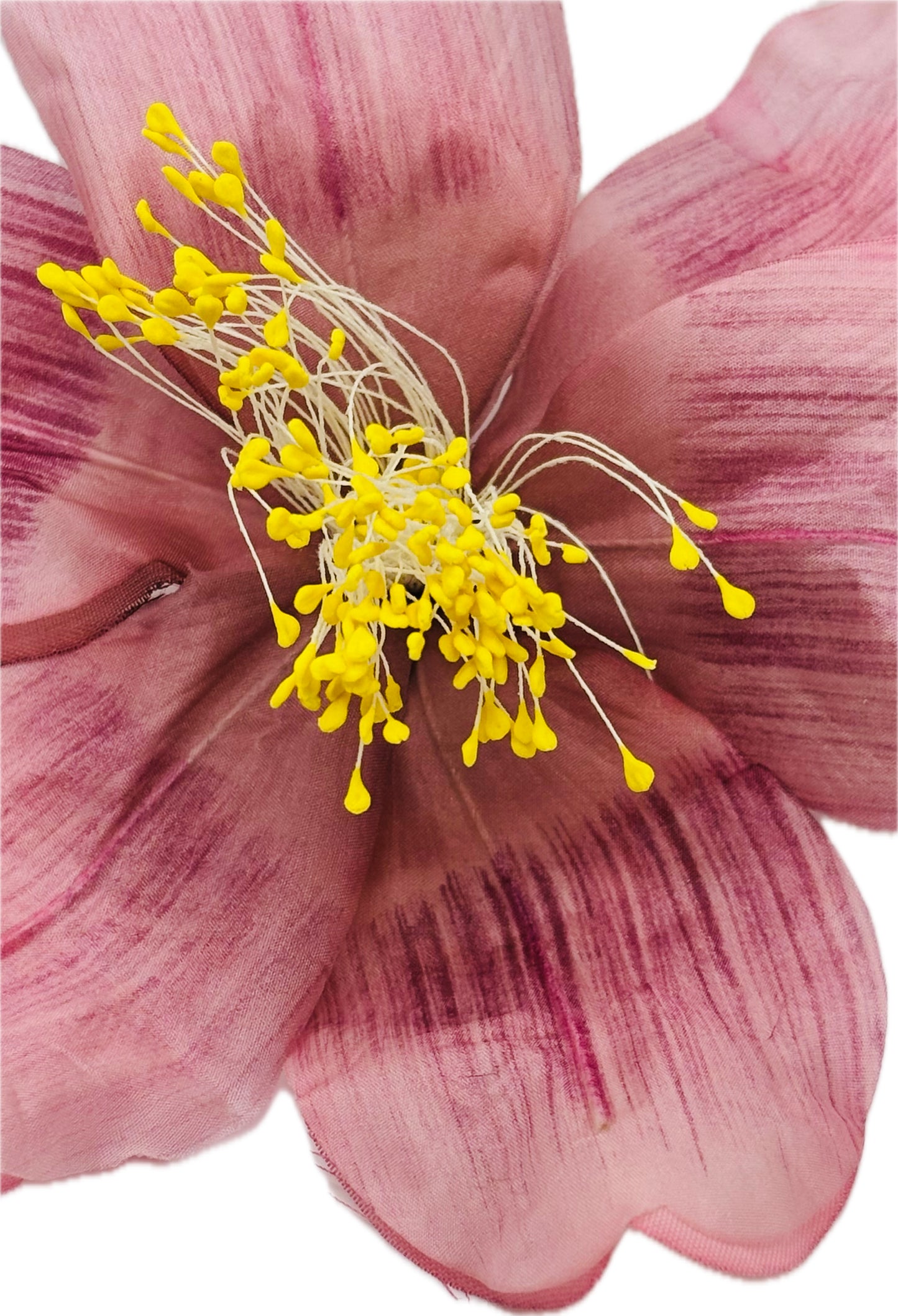 "Clementine" 4" Silk Clematis Pink Brooch and Clip. Karin's Garden. Bendable Petals. Pin or Clip into hair, onto dress, lapel, handbag and more.