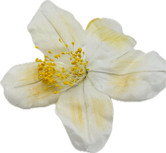 "Clementine" 4" Silk Clematis Ivory Yellow Brooch and Clip. Karin's Garden. Bendable Petals. Pin or Clip into hair, onto dress, lapel, handbag and more.