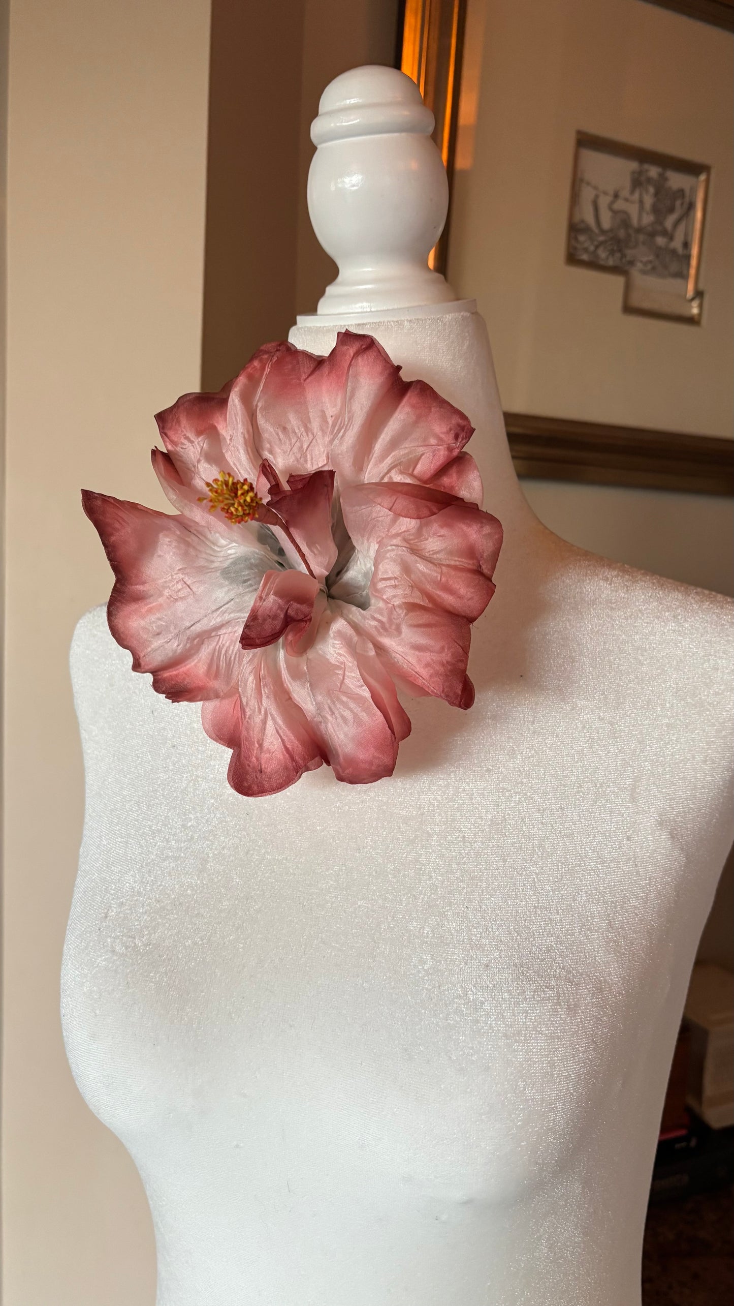 "Caterina" Vintage German Terra Cotta Ivory Silk GDR Hibiscus 6" Reimagined Mid-Century Brooch & Clip Duo.  For your sundress, handbag, hat & lapel. L